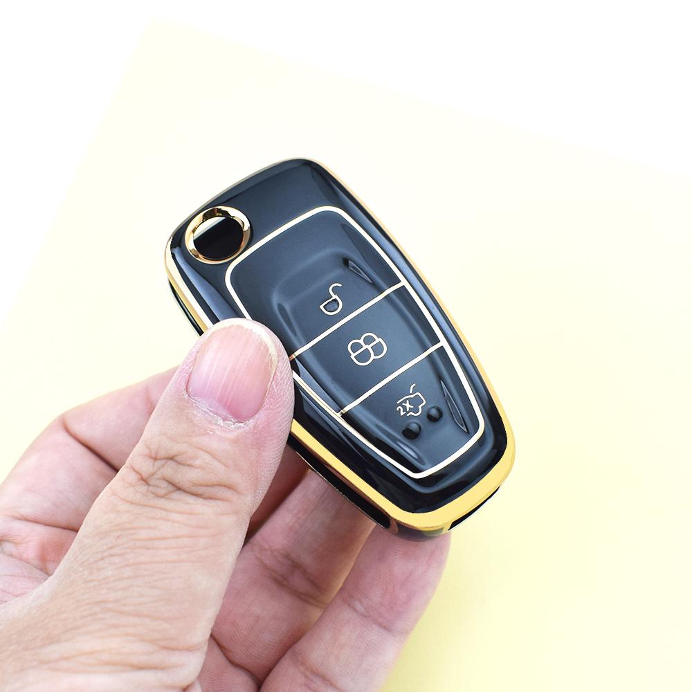 Gold Edge Auto Car Shell Fob Folding Key Case Cover Holder For Ford C-Max S-Max Focus 2 3 MK3 ST RS Ecosport Kuga Escape Fiesta Mondeo