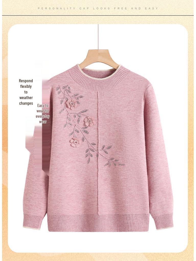 Winter Velvet Sweater: Versatile Long Sleeve Knitwear for Middle-Aged & Elderly Women