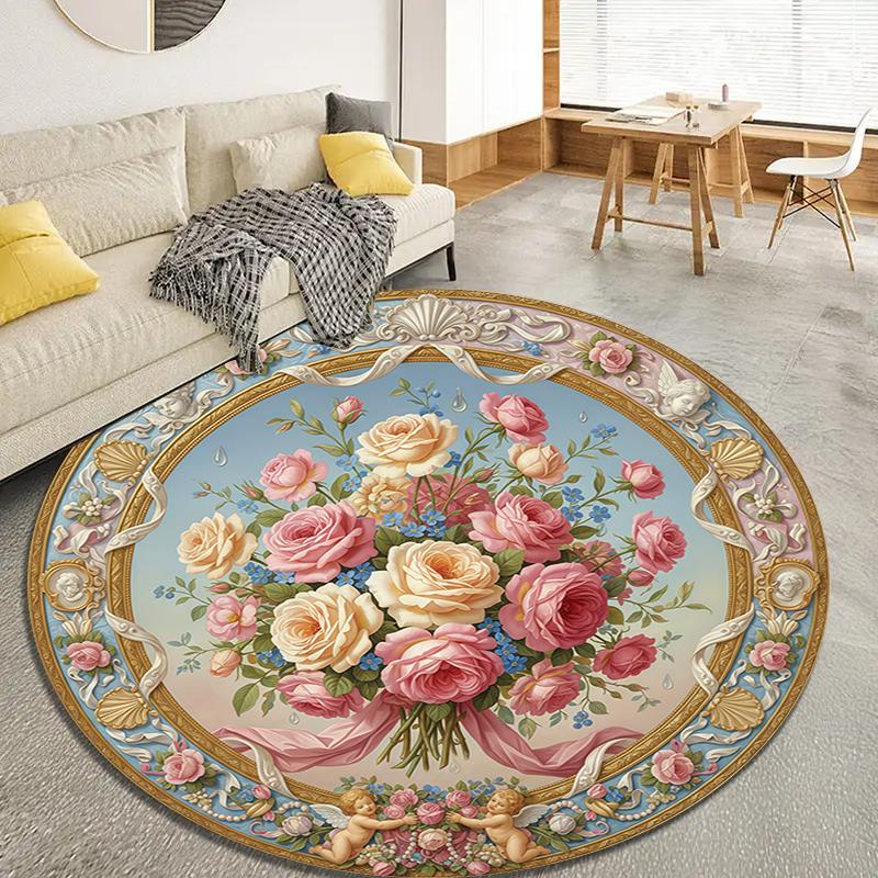 Vintage Rose Runder Teppich, Teppich für Wohnzimmer Schlafzimmer Sofa Spielzimmer Dekor, Rutschfeste Bodenmatte109