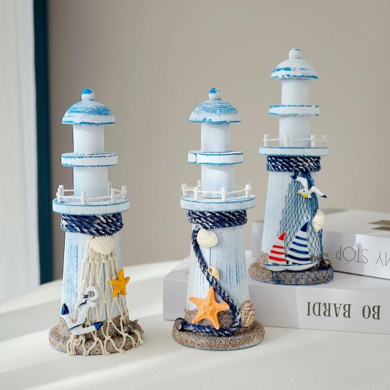 Wooden Lighthouse Decors Nauticals Theme Decors Lighthouse with Starfishs Fish Net Decors Decorative Ornament for Home Decors