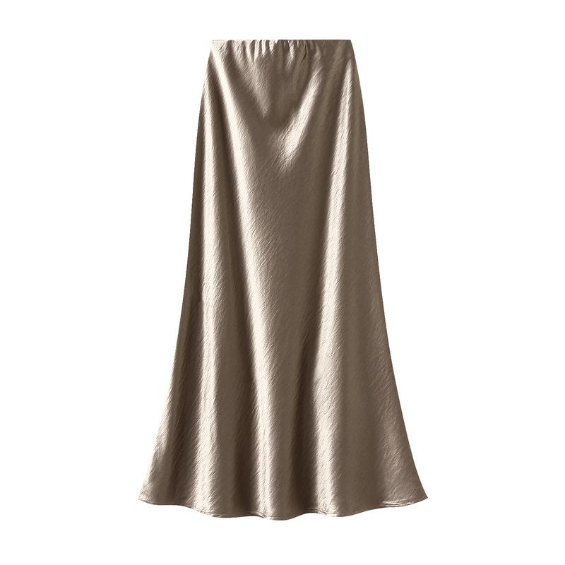 Qooth Elegant Women Satin Fishtail Skirt Maxi Length Bodycon Slim Elastic Waist Skirt QT2762