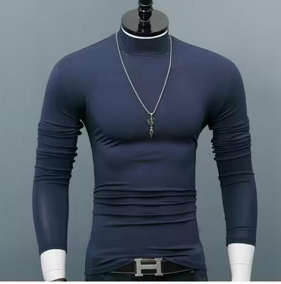 Men's High Neck Solid Color Long Sleeve T-shirt, Spring Autumn Base Layer, Korean Style Pullover Sweater