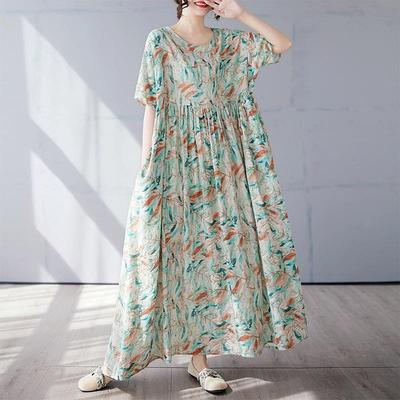 Short Sleeve Plus Size Cotton Vintage Floral New In Dresses for Women Casual Loose Long Summer Dress