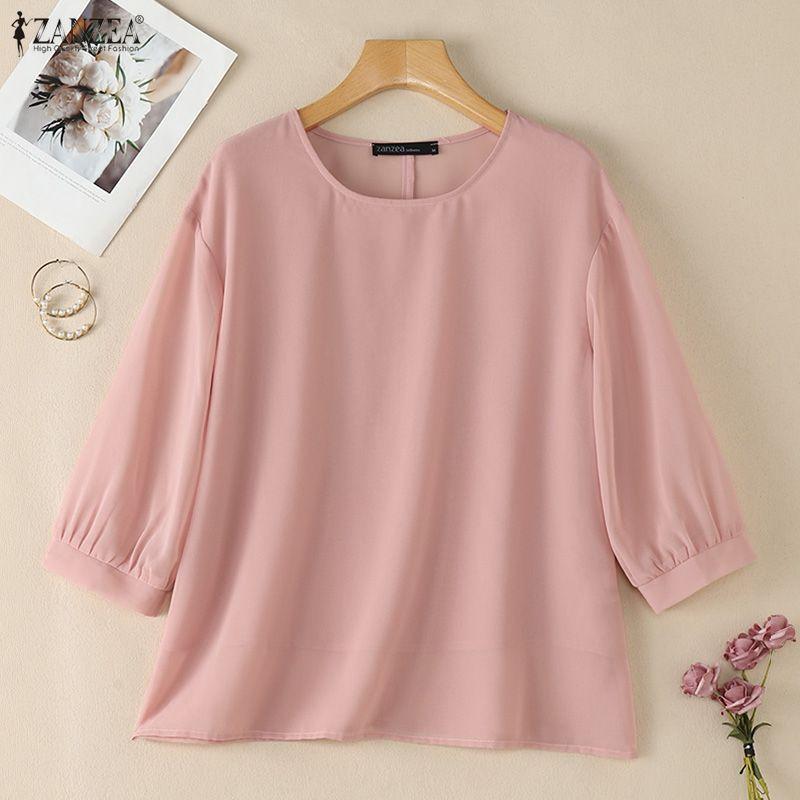 ZANZEA Women Casual Round Neck Solid Color Loose 3/4 Sleeve Blouse