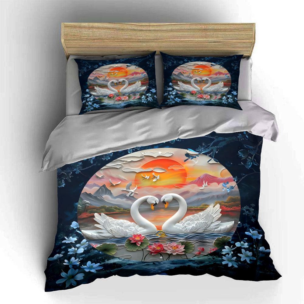 Romantic Swan Sunset Decoration Set Multiple Sizes Kid'S And Adults' Bedroom Exquisite 3Pc Bedding Set, Gift