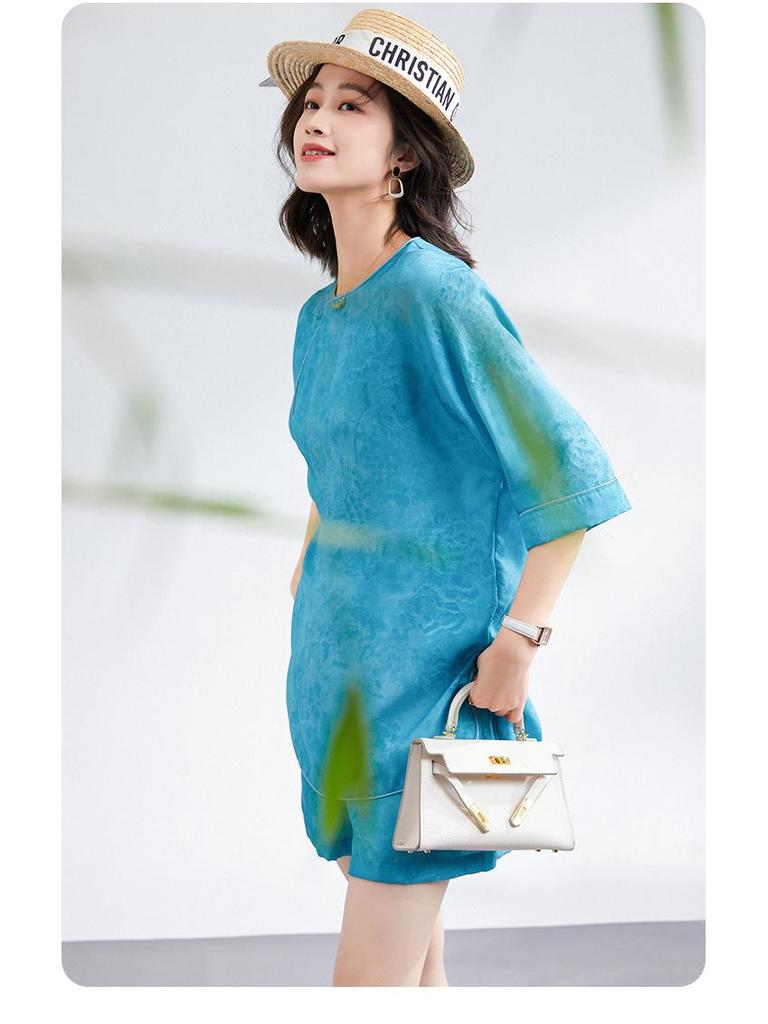 Women's High-End Chinese Style 100% Pure Mulberry Silk Ribbed Jacquard Top & Pants Set