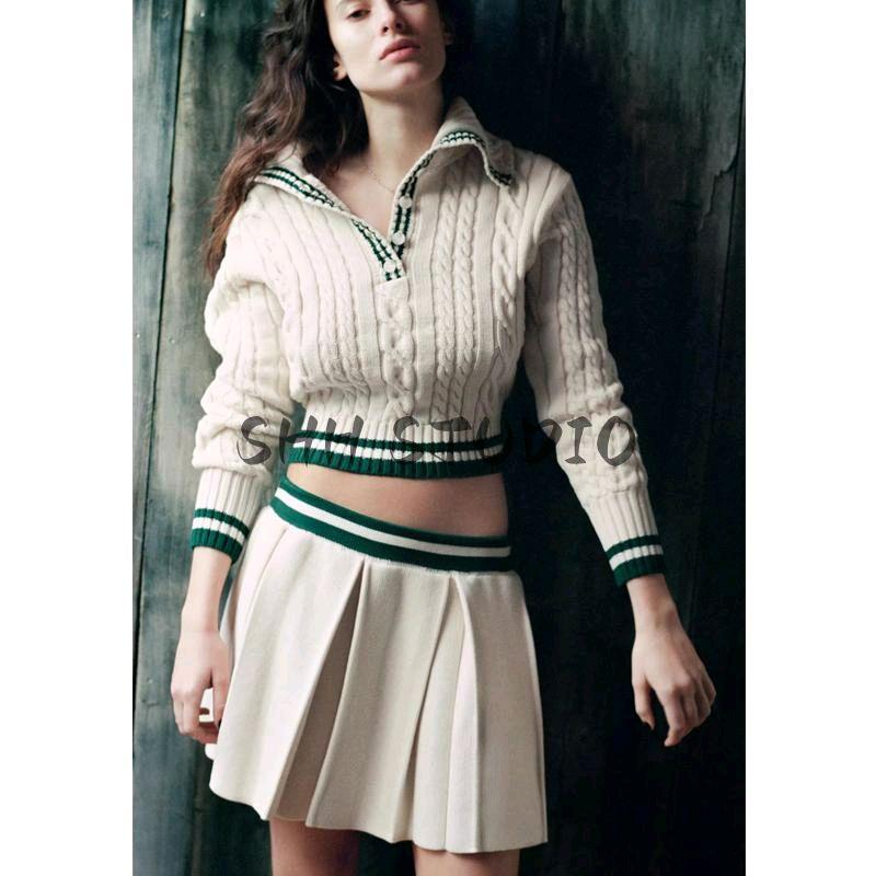 Spring New Women's Clothing Wide Pleated Knitting Mini Skirt 6771048 Eight-Strand Woven Lapel Knitwear 6771047