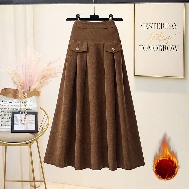 

Женская юбка большого размера на флисовой подкладке Осень/Зима Эластичная талия А-силуэт Вельветовая длинная юбка С высокой талией Флокированная юбка 3XL кофейный