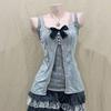 Japanese Soft Girl Bow Lace Patchwork Skirt Set - Retro Summer Three-Piece Ensemble