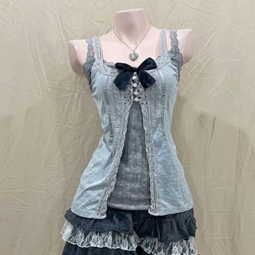 Japanese Soft Girl Bow Lace Patchwork Skirt Set - Retro Summer Three-Piece Ensemble