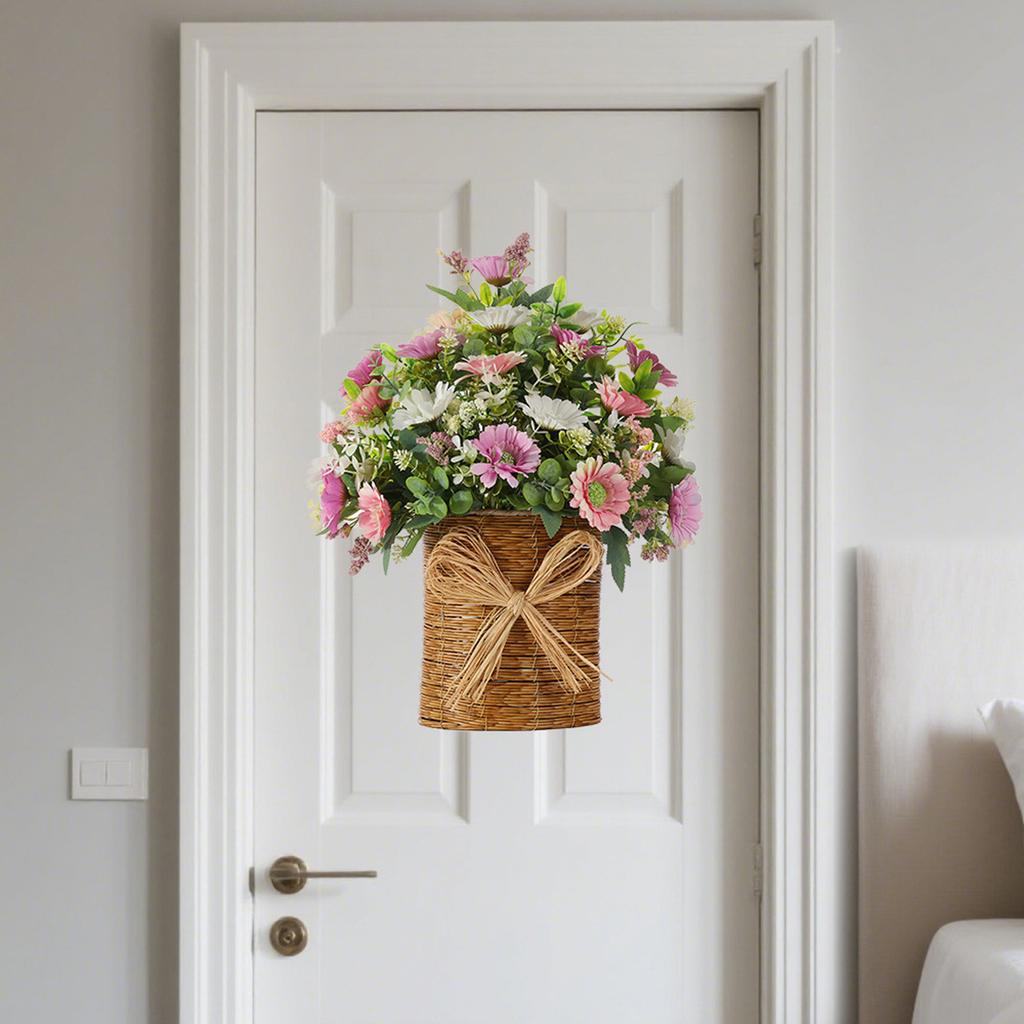Artificial Hanging Flower Basket 48cm Wicker Basket with Decorative Bow Faux Greenery Plant Arrangement for Door Wall Hanging Indoor Outdoor