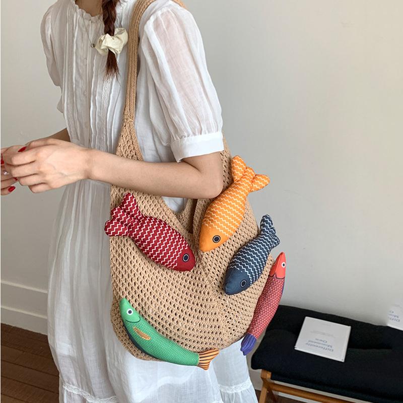 Nuova Borsa a Shopper all'Uncinetto Carina a Forma di Pesce Grande Capacità Borsa a Spalla Intrecciata Casual Multicolore Borsa Lavorata a Maglia Fatta a Mano