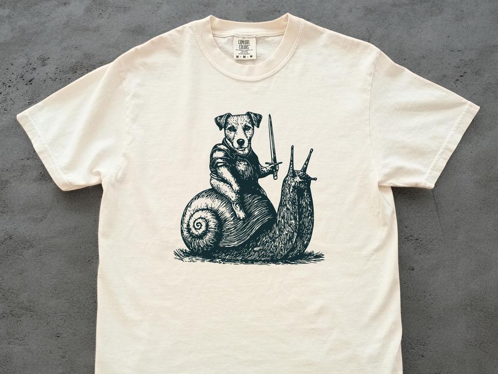 Medieval JRT Knight Riding Snail Vintage Tshirt – Funny Jack Russell Meme, Retro Y2K Dark Art, Grimdark Gift Dog Lovers