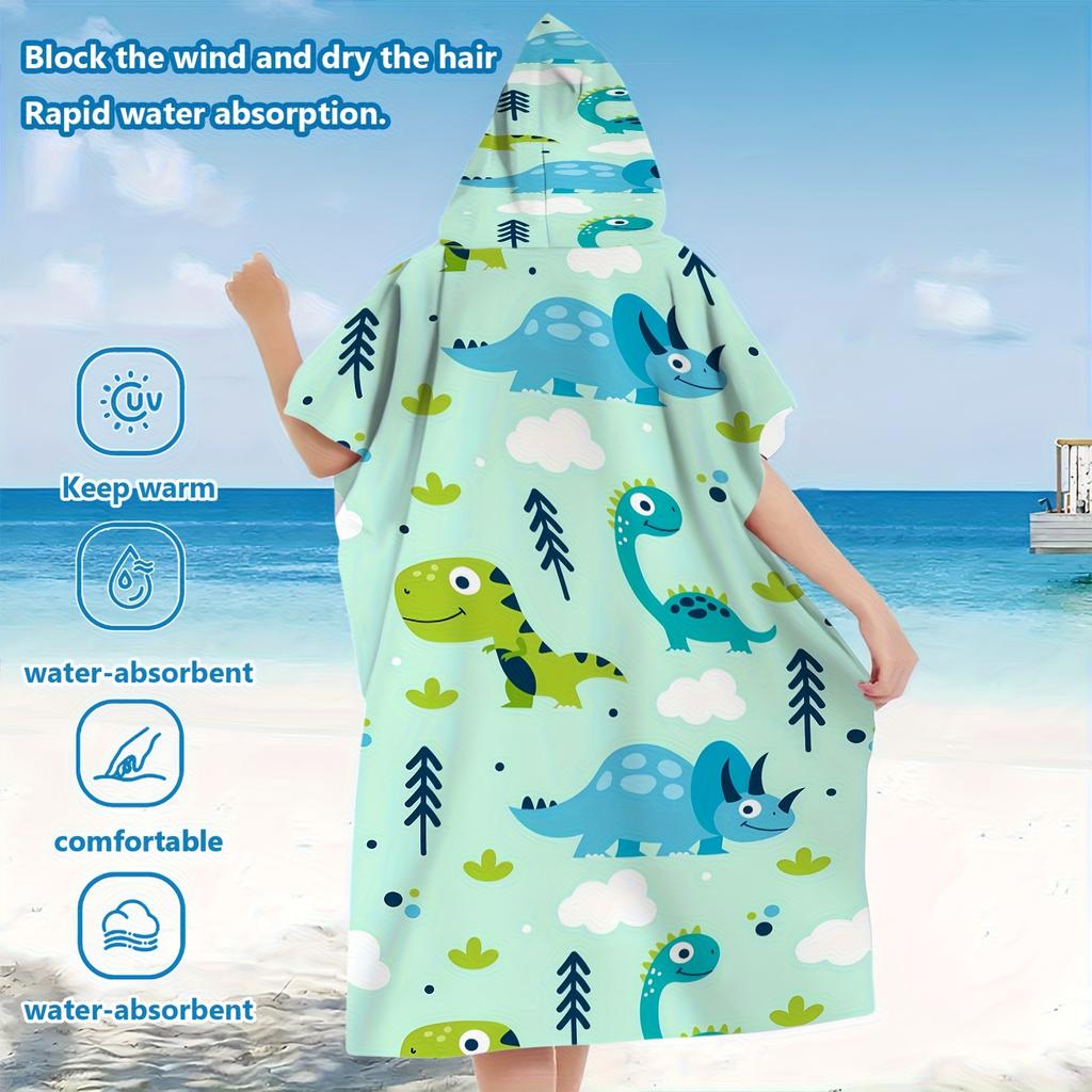 1pc Cartoon Dinosaur Print Hooded Towel Poncho, Quick Dry Polyester Beach Changing Robe, Matching Family/Couple Swim Poncho for