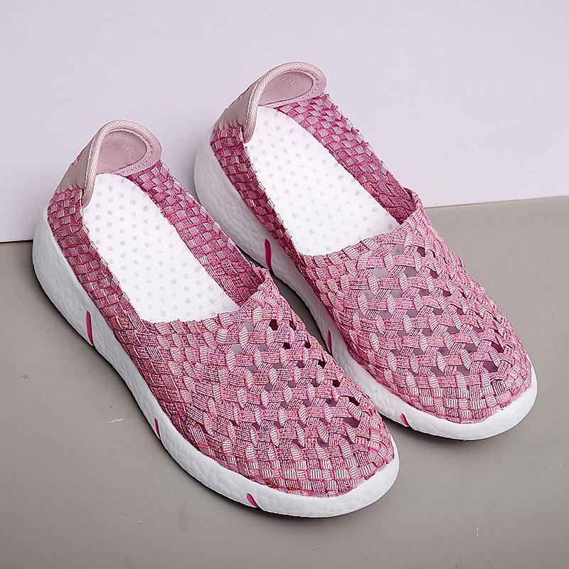 Летние Мокасины Розовые Пляжные Обувь для Ходьбы Женские Разноцветные Повседневные Плетеные Слипоны Плетеные Балетки Кроссовки Большие Размеры 35 розовый