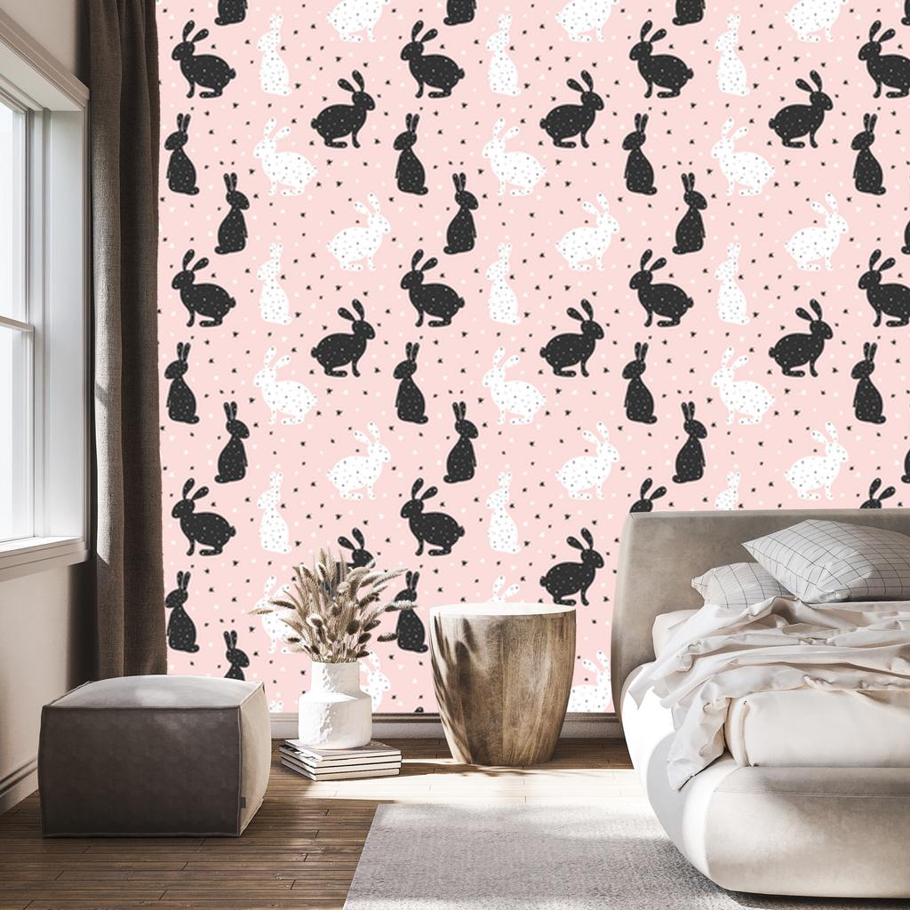 Wallpaper Black and White Bunnies Among Stars for Living Room and Bedroom 50x1000