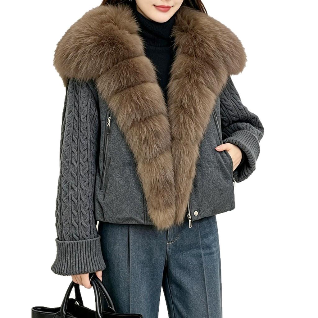 Winter new real fox fur collar knitted splicing down jacket women's short white duck down loose and thin versatile jacket