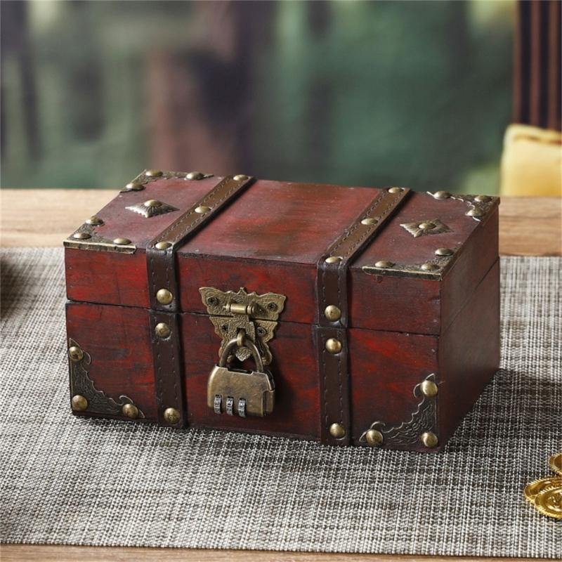 Antique Wooden Storage Box with Lock Decorative Hinged Lid Small Chest for Coin Jewelry Keepsakes Home Decoration