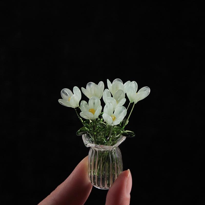 6/7Pcs Mini Lifelike Glass Flowers Simulation Flowers Handcrafted Floral Sculpture Floral Bouquet With Vase Home Decoration Gift