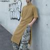 INCERUN Summer Men Stand Neck Short Sleeve  Splits Casual Long T-shirts Tee