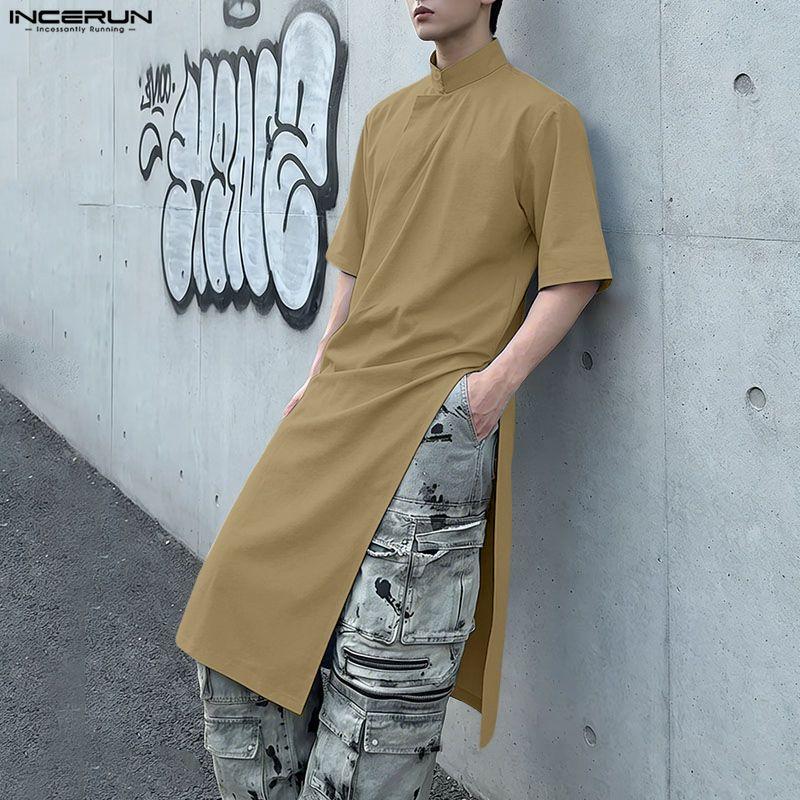 INCERUN Summer Men Stand Neck Short Sleeve  Splits Casual Long T-shirts Tee