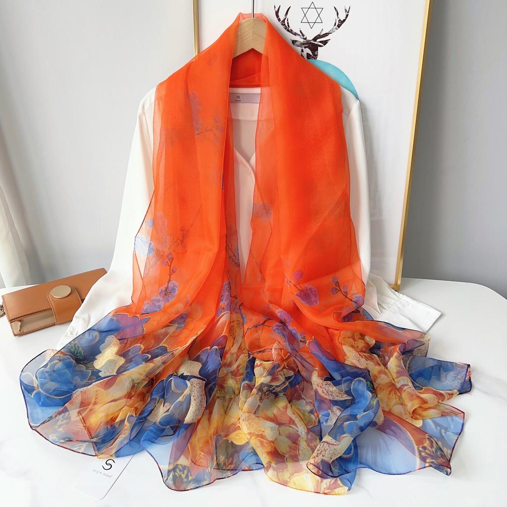 Elegant Flower Print Scarf Thin Smooth Mulberry Silk Shawl Casual Outdoor Sunscreen Windproof Scarf, Mulberry Silk, Very Light Fabric