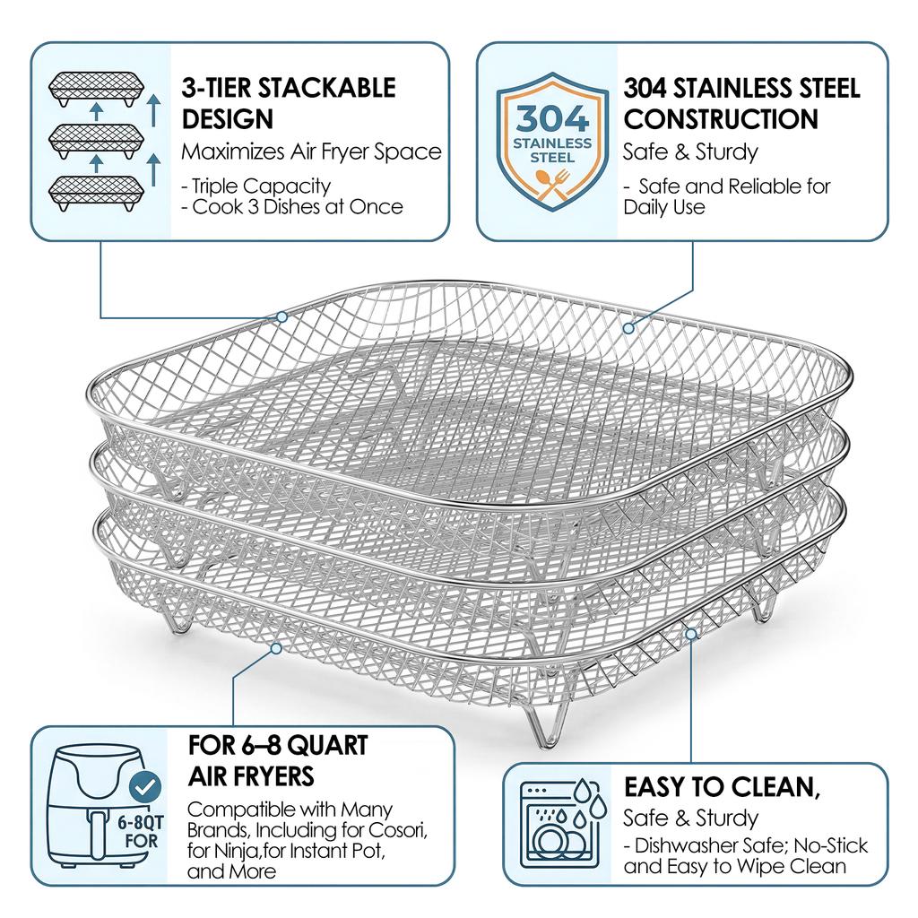 3Pcs Air Fryer Rack Drain rack Metal Oven Air Fryer Racks For Baking Stackable Grill Skewer Rack Fit All Airfryer Kitchen Gadget