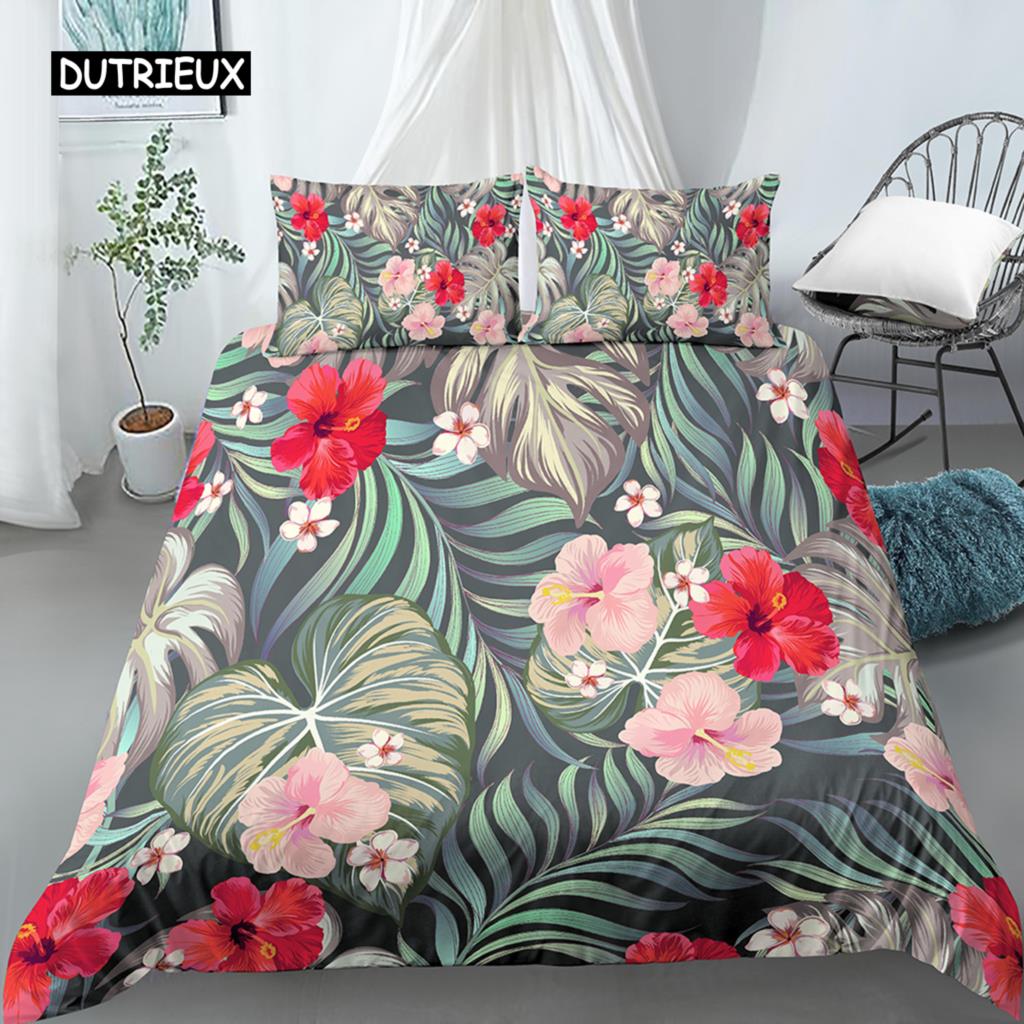 Blätter und Blumen Bettbezug-Set King Size Palmblätter Rosa Blumendruck Steppdeckenbezug für Mädchen Jungen Polyester 2/3-teiliges Bettwäscheset