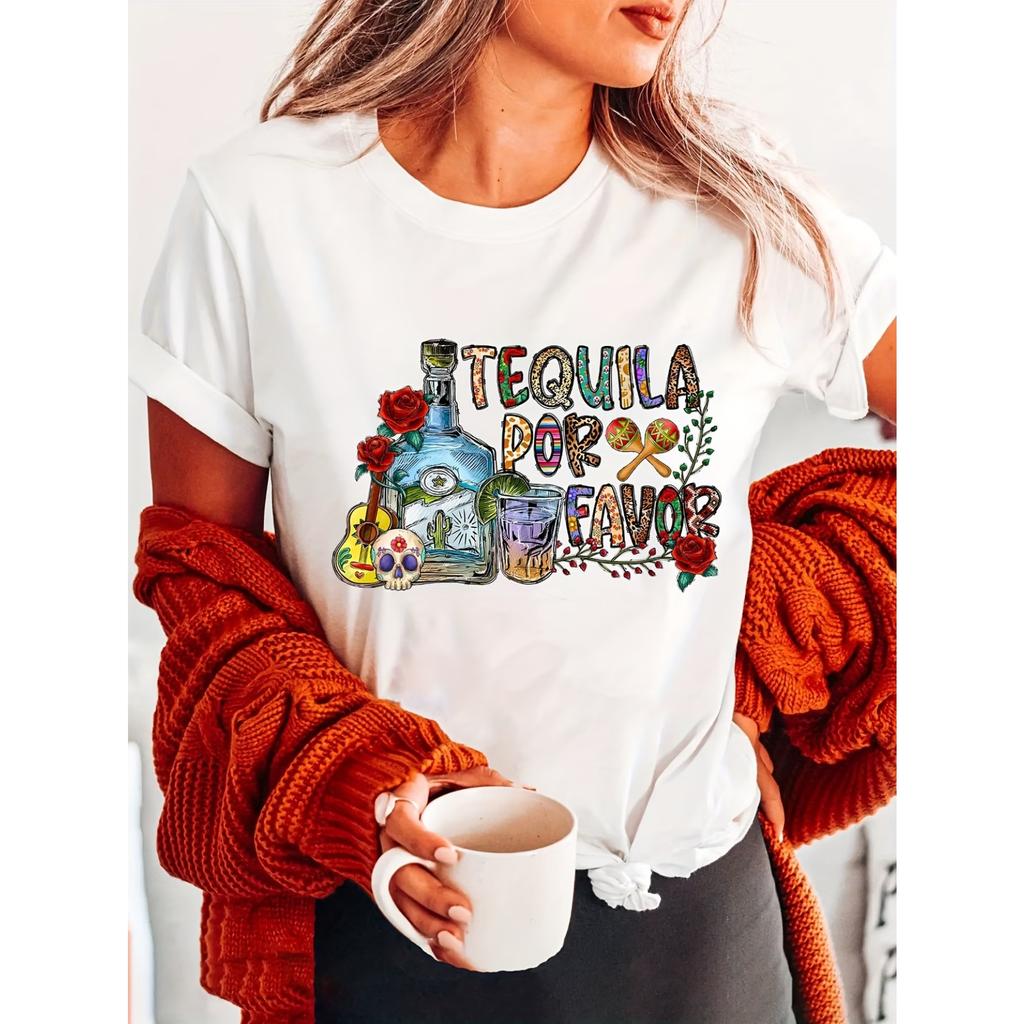 Tequila Print Crew Neck T-shirt, Short Sleeve Casual Top for Summer & Spring, Women's Clothing