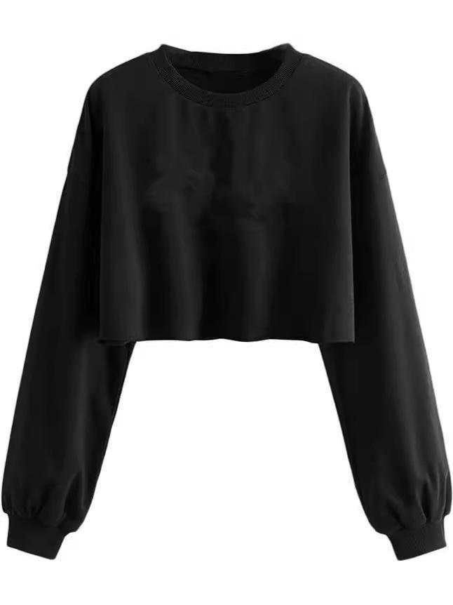 2024 Autumn/Winter Women's Solid Color Plus Velvet Loose Round Neck Short Hoodie