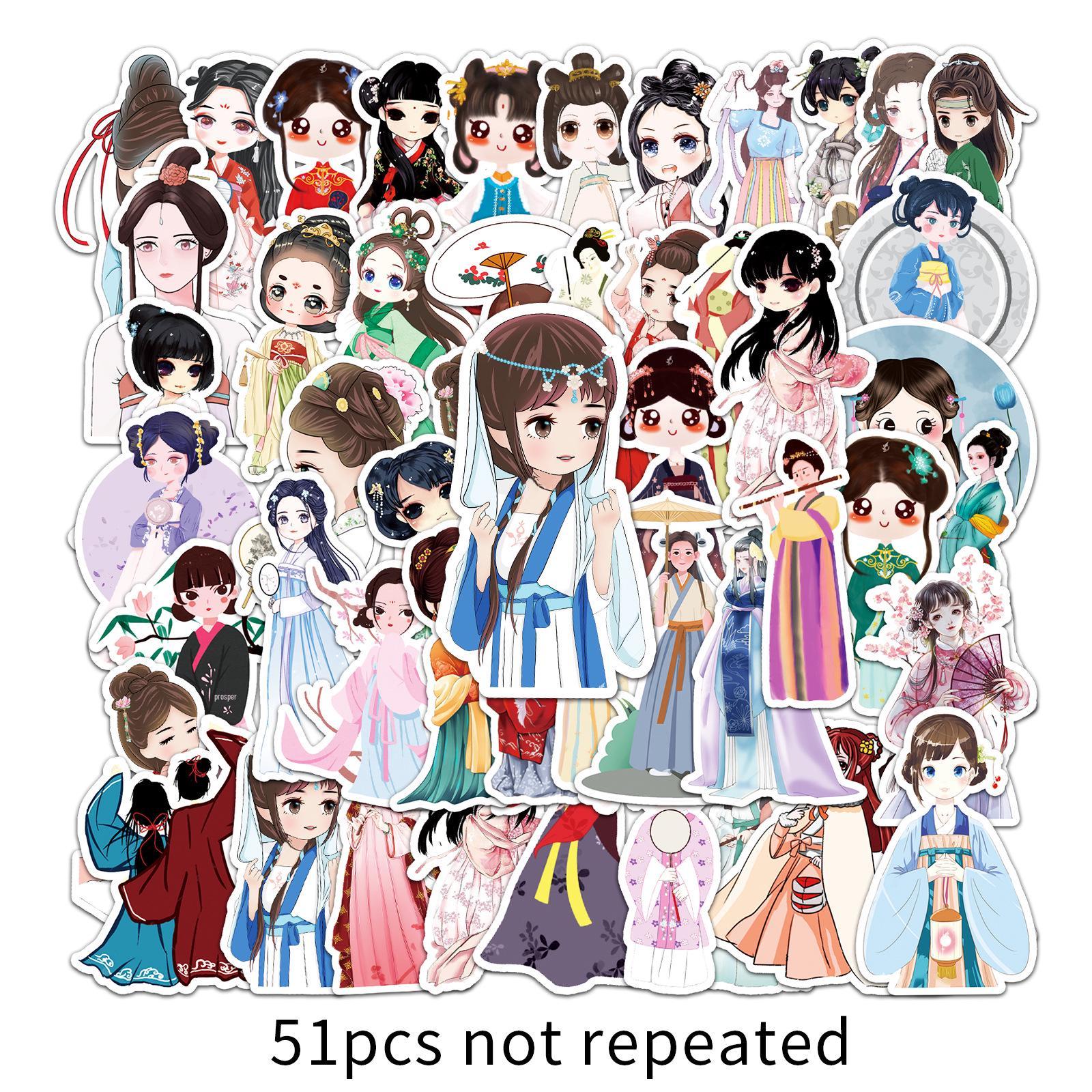 51 Cute Hanfu Girls Cartoon Stickers - Chinese Style, Waterproof for DIY, Luggage, Skateboards, and Car Decoration