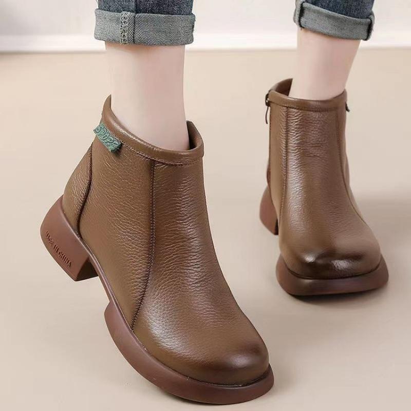 Autumn and Winter New Retro Handmade Women's Leather Boots Thick Heel Soft Sole First Layer Soft Leather Short Boots Literary and Simple Versatile Wo