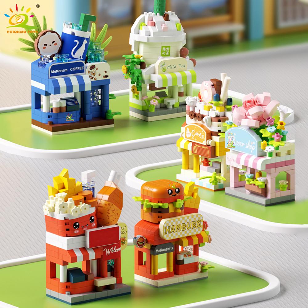 Non-Toxic Moc Cute Street Shop Model Micro Building Block Burger Fried Flower Model Mini Brick Toy For Children Desk Decor.
