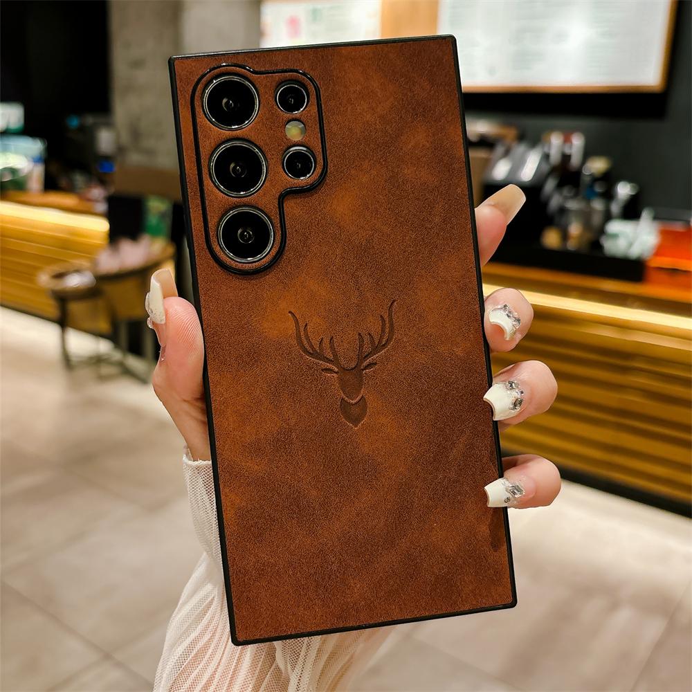 

Lambskin Suede Leather Elk Deer Head Pattern Case For Samsung S25 S24 Ultra S22 S23 Plus S21 FE Note 20 Matte PU Cover For Samsung S21