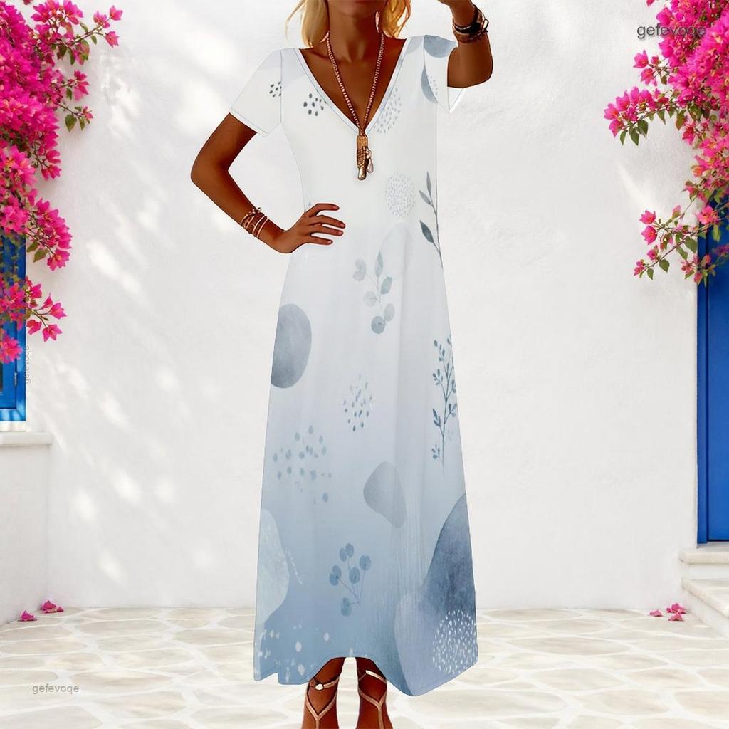 Women Plus Size V Neck Short Sleeve Printed Loose Maxi Dress