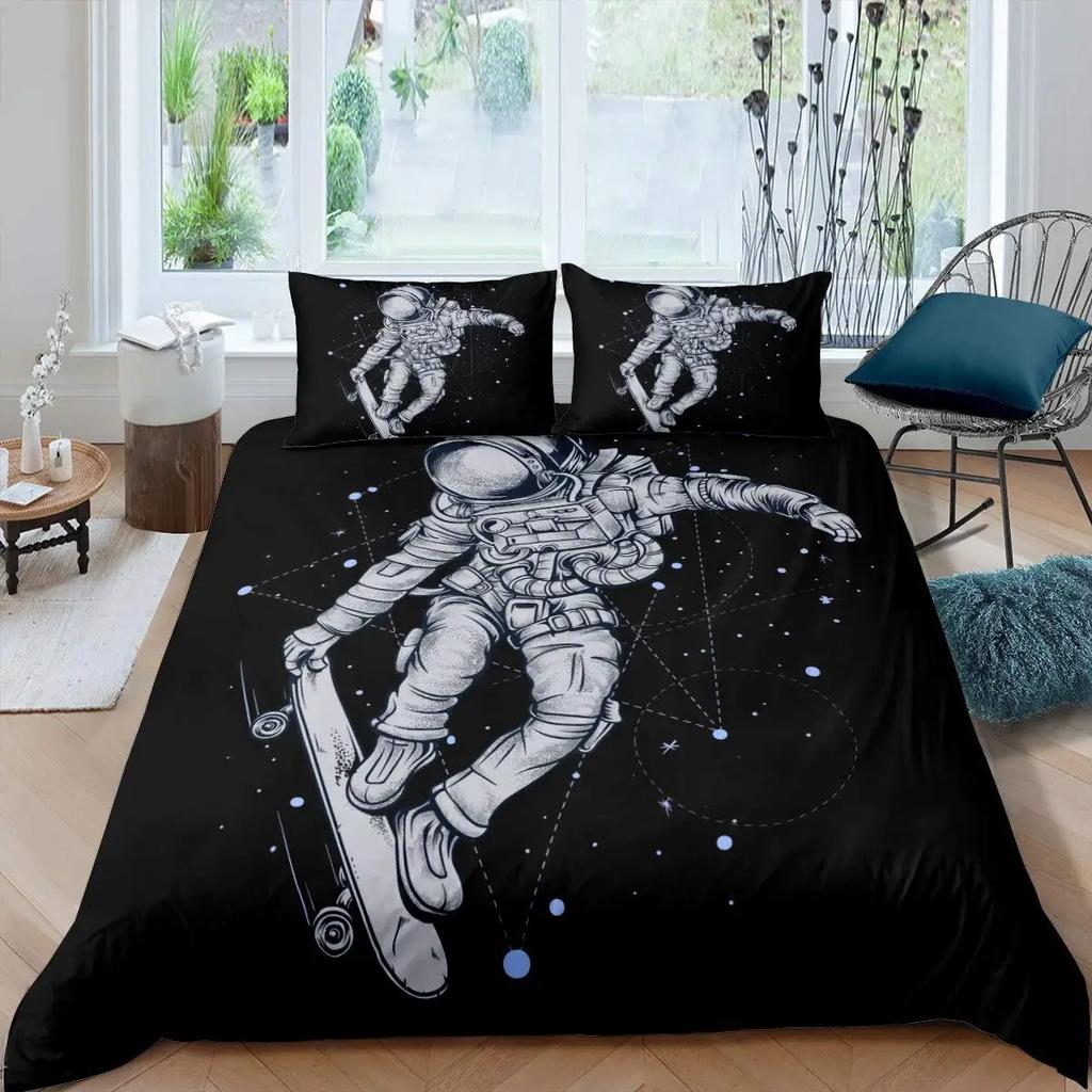 Kids Bedding Decorations, Full Size Astronaut Space Suit Pattern for Boys, Starry Sky Comforter Cover 3 Pcs with 2 Pillow Sham