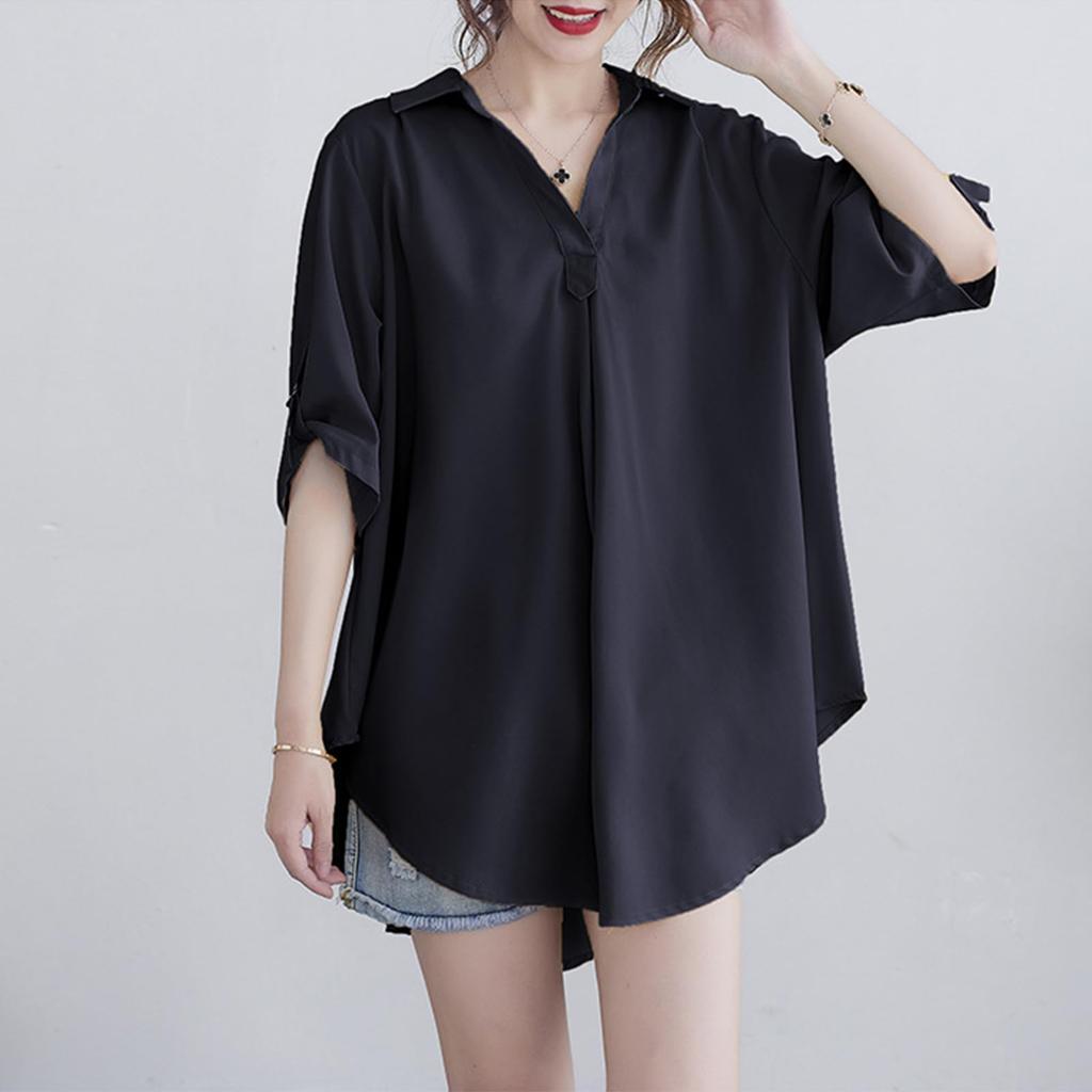 Blusen für kurze große Sommer lockere bedeckt den Körper Büro erwachsen elegant [SeiunAn] Frauen, Hemden, Ärmel, 5/8-Ärmel, V-Ausschnitt, Größen, Oberteile, Sommer,