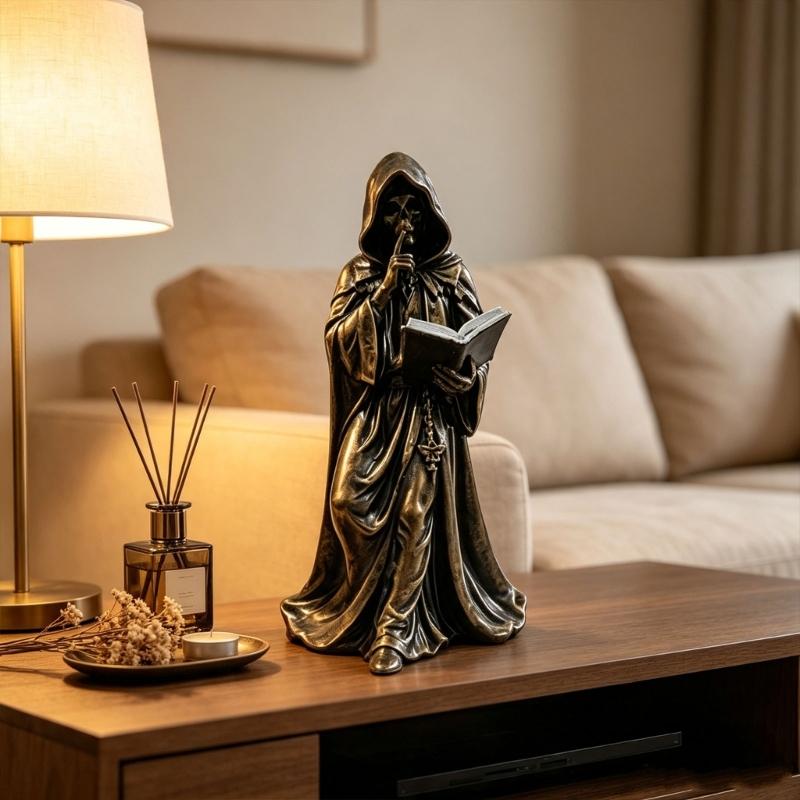 Tabletop Resin Sculpture with Hooded Character, Open Spell Book, and Bronze Style Finish for Shelf Display Use