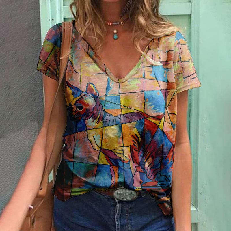 2023 Women T-Shirts Butterfly Y2k Female Tops Clothing Summer 3D Short Sleeve Print Tees Harajuku Kawaii Oversized Loose V Neck T Shirts