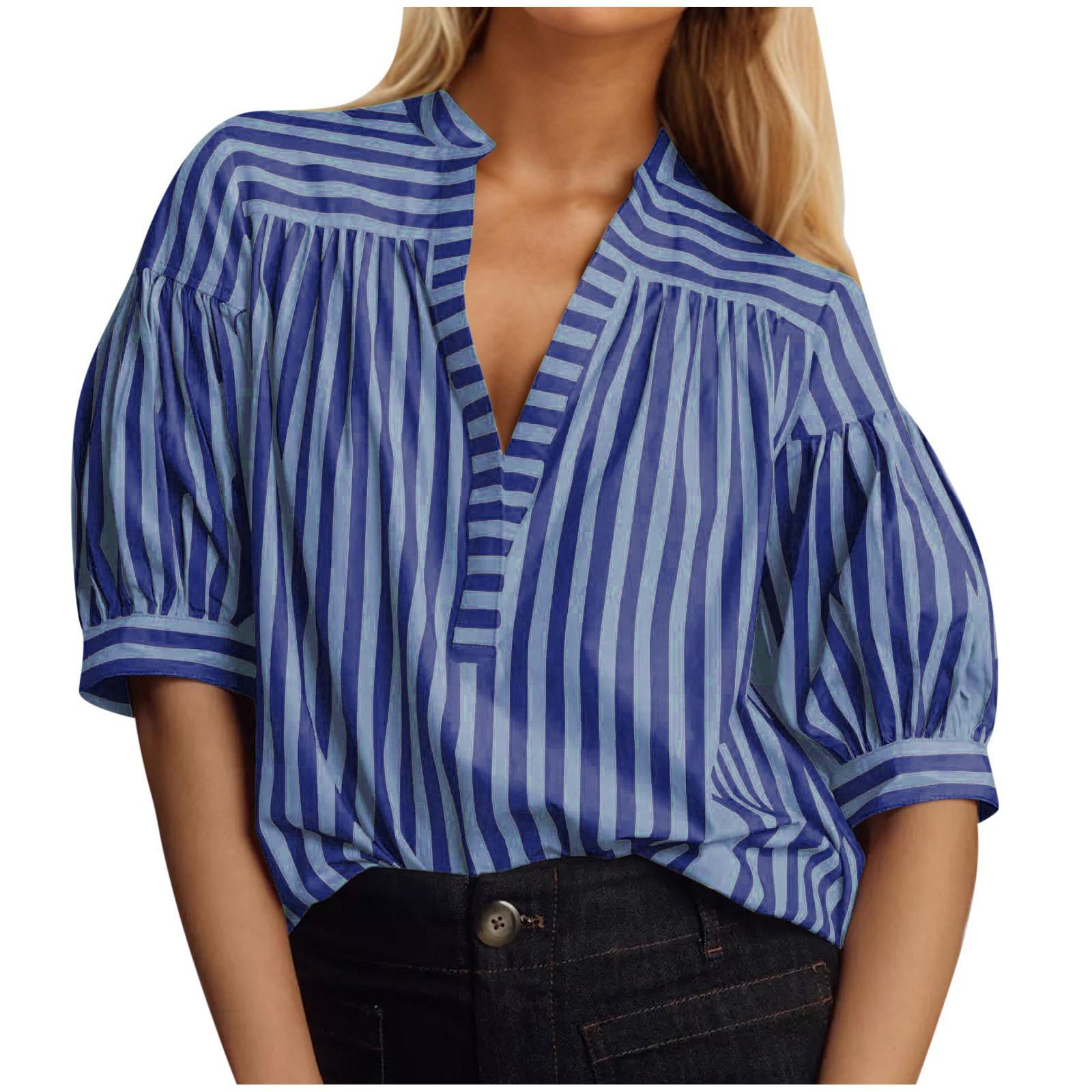 Women s Shirt Casual Striped Patchwork Gathered Pleated Open Sleeve Puff Sleeve V-neck Shirt Clothes Sale S морской синий