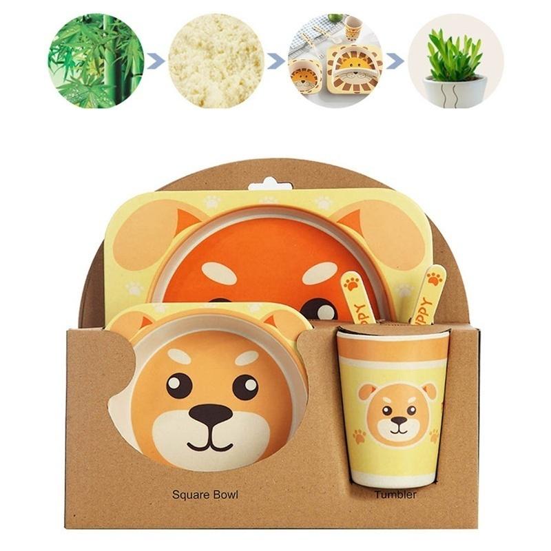 5 Pcs/Set Baby Dish Tableware Set Natural Bamboo Fiber Bowl with Cup Spoon Plate Fork Feeding Dishes