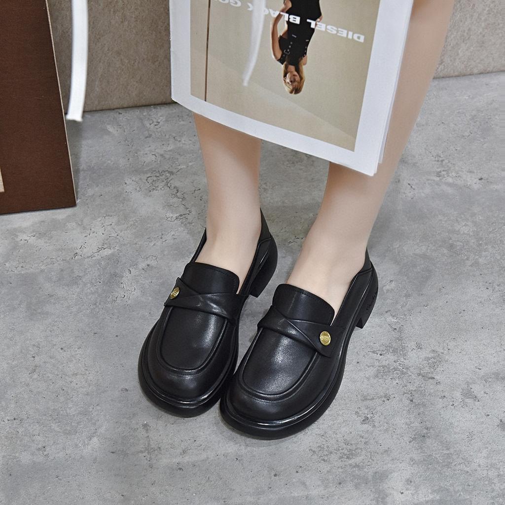 Round Head Female Spring First Layer Cowhide Metal Buckle Shallow Mouth Single Shoes Small Leather Shoes College Style Female Flat Shoes