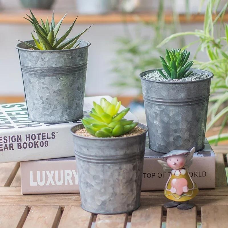 1PC Nordic Retro Tin Metal Succulent Flower Pot Flower Bucket Iron Barrel Dried Flowers Fresh Pastoral Make Old Tin Flower