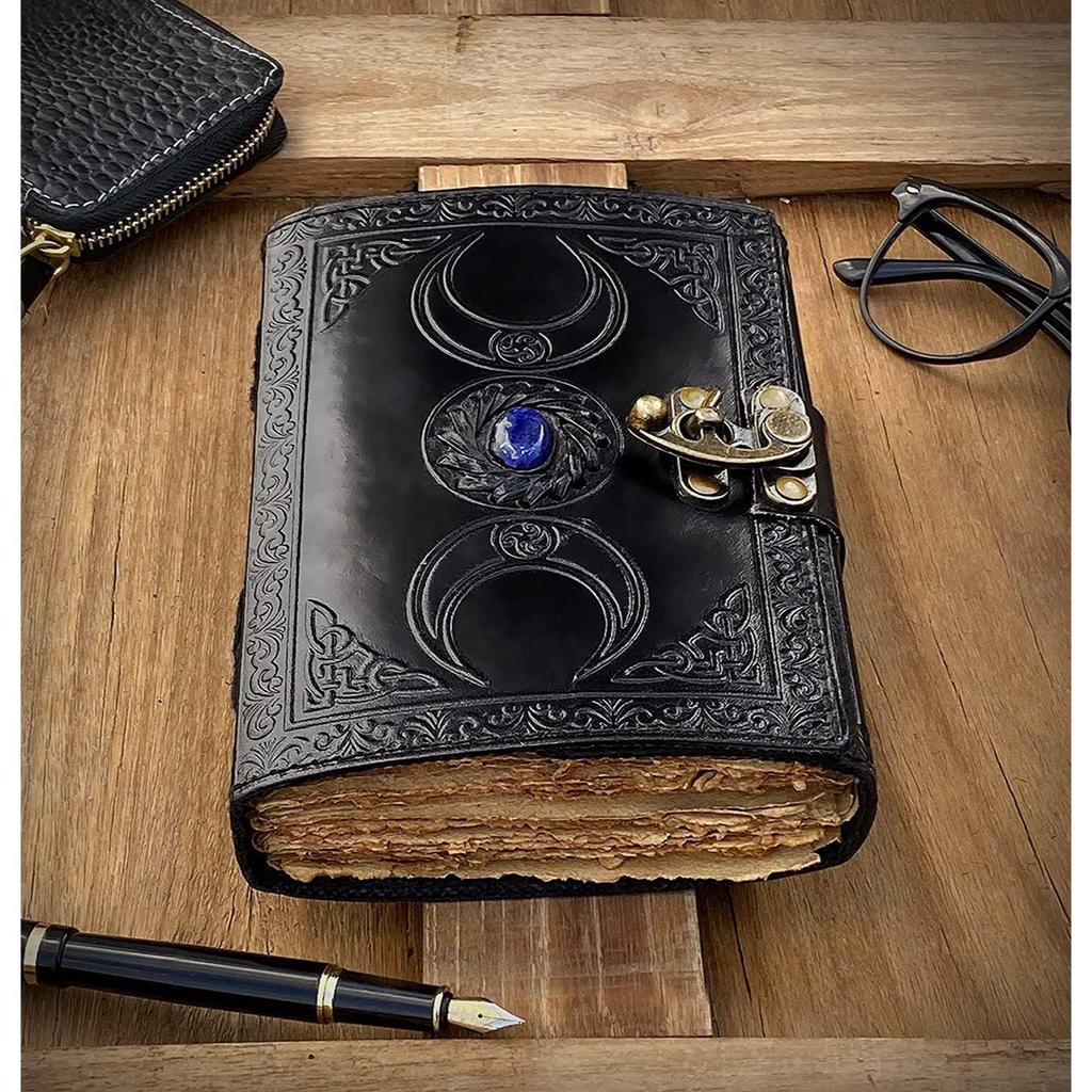 Handmade Black Leather Triple Moon with Blue Stone Journal Unlined Paper Dairy
