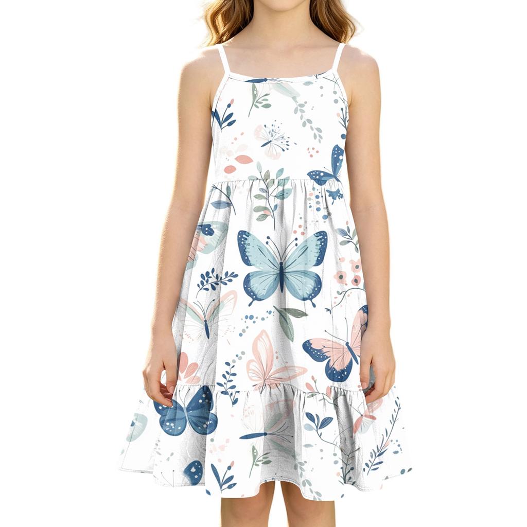 Girls Casual Sleeveless Spaghetti Strap Floral Print Princess Dress for Summer Daily Wear