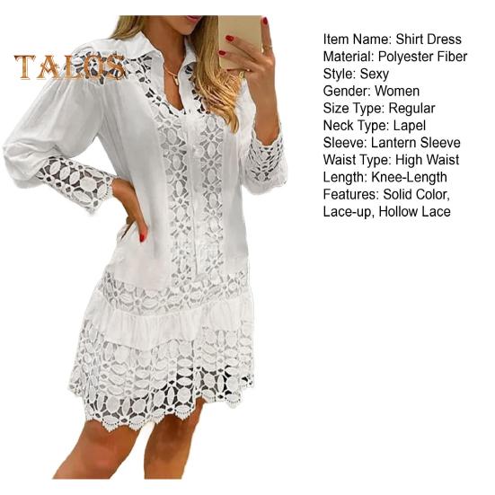 Dámské košilové šaty s klopou, dlouhým rukávem, designem s dutým krajkovým prošíváním, mini šaty se šněrováním, jednobarevné, ležérní letní šaty