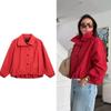2026 Neue Knöpfe High Street Kurze Jacke Reißverschluss Mode Langarm Roter Mantel Umlegekragen Lockerer Übermantel Damen Oberbekleidung