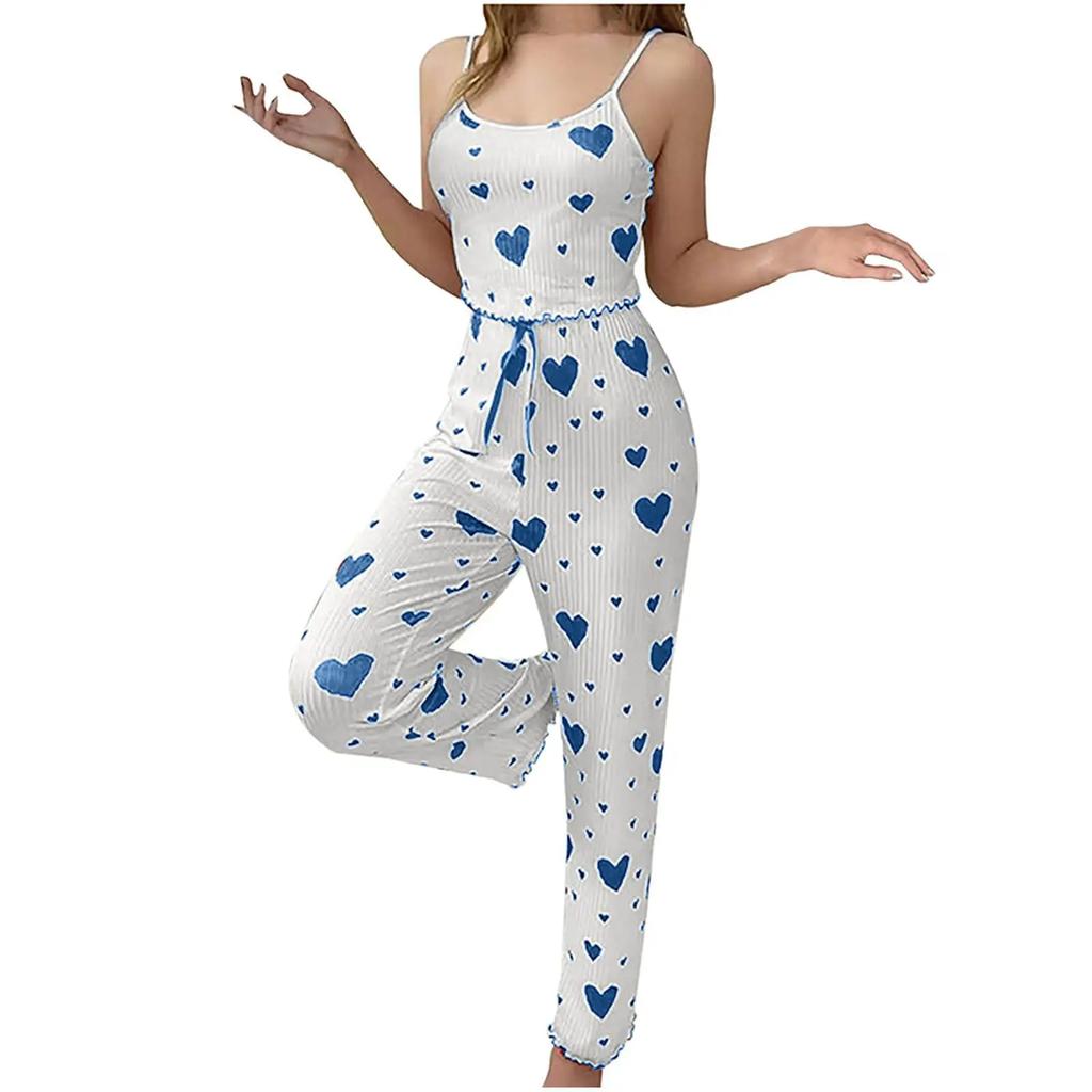 Women Pajamas Plus Size Pajamas Set 2 Piece Short Vest + Trouser White Breathable Soft Casual Love Print