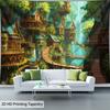 Magical Fantasy Forest Waterfall Village Tapestry Wall Mural Jungle Decor Luxury Cottagecore Style Home Background Print