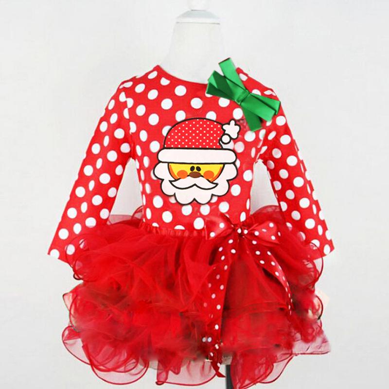 Dětské evropské a americké vánoční krajkové princeznovské šaty s mašlí Santa Claus (Dlouhý rukáv)